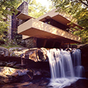 Frank Lloyd Wright's Fallingwater architectural home with waterfall.