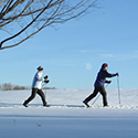 Couple cross country skiing across a snow covered field.
